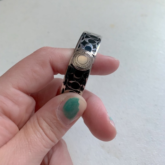 Coach Quilted Silver Black Hinged Metal Bracelet Bangle Enamel Jewelry Designer - Picture 5 of 5